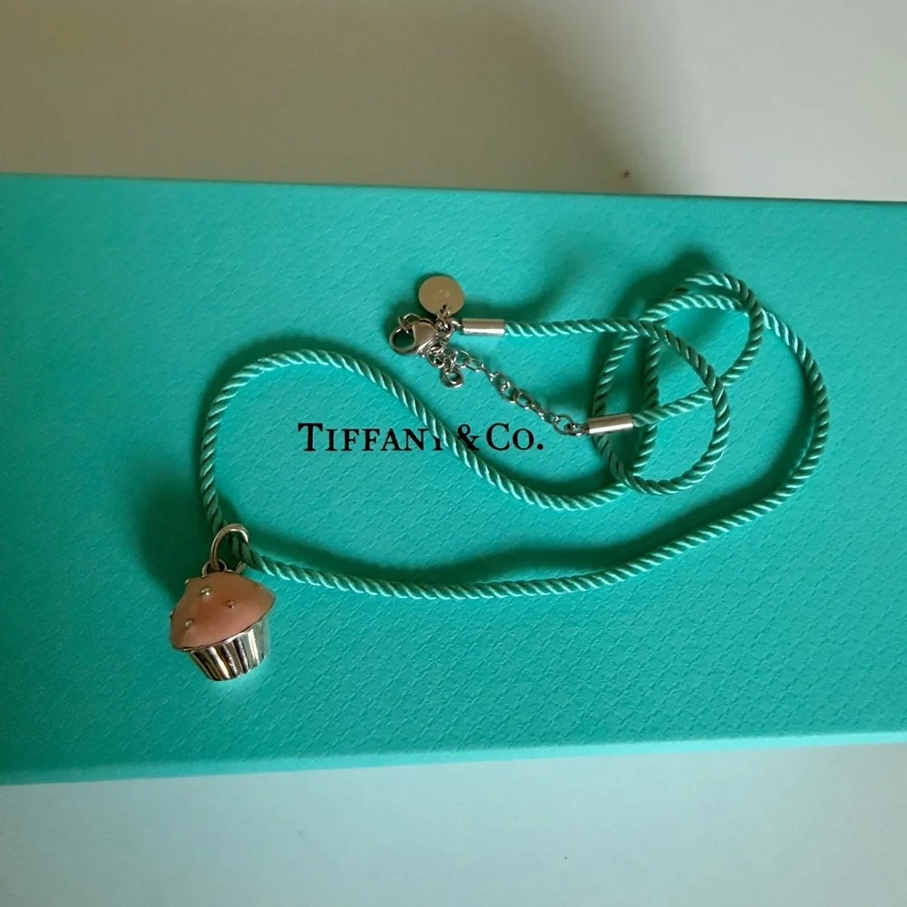 Tiffany & Co. Cupcake Charm Pendant Necklace on Tiffany Silk Cord 16-18”